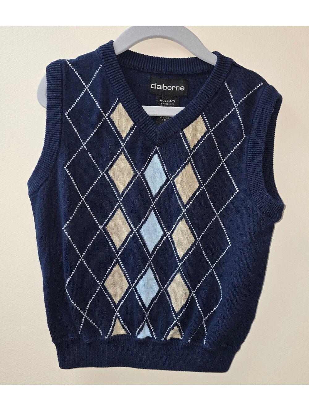 Claiborne Boys Size 4/5 Navy Argyle V-Neck Sweater Vest